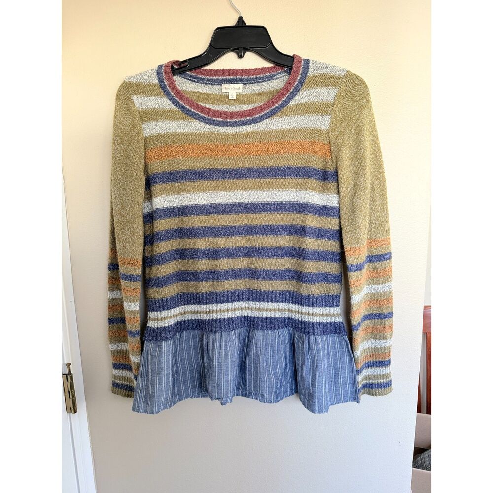 Hem & Thread Striped Mixed Media Peplum Sweater - Large